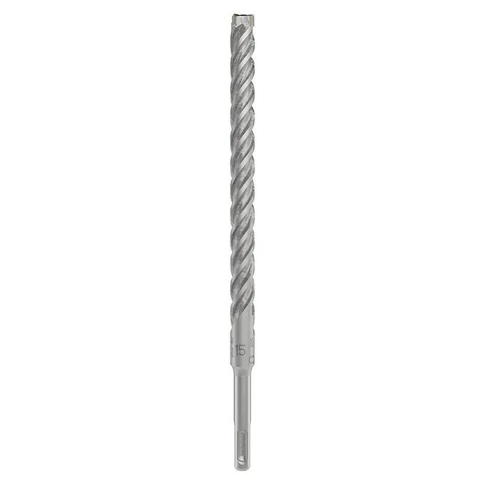 Bosch Beton- & Steinbohrer PRO SDS plus-5X - 1 Stk., Durchmesser Bohrer: 15 mm, Arbeitslänge: 200 mm - Ein detailreiches Bild eines Fräsers mit spiralförmigen Schneiden und der Aufschrift "15" auf dem Schaft, ideal für präzise Metallbearbeitung.