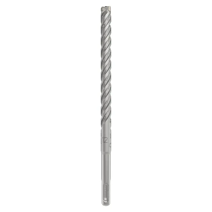 Bosch Beton- & Steinbohrer PRO SDS plus-5X - 1 Stk., Durchmesser Bohrer: 12 mm, Arbeitslänge: 150 mm - Das Bild zeigt einen Gewindebohrer mit spiralförmigen Schneiden. Auf dem Werkzeug ist die Zahl 12 und weitere Markierungen zu erkennen.