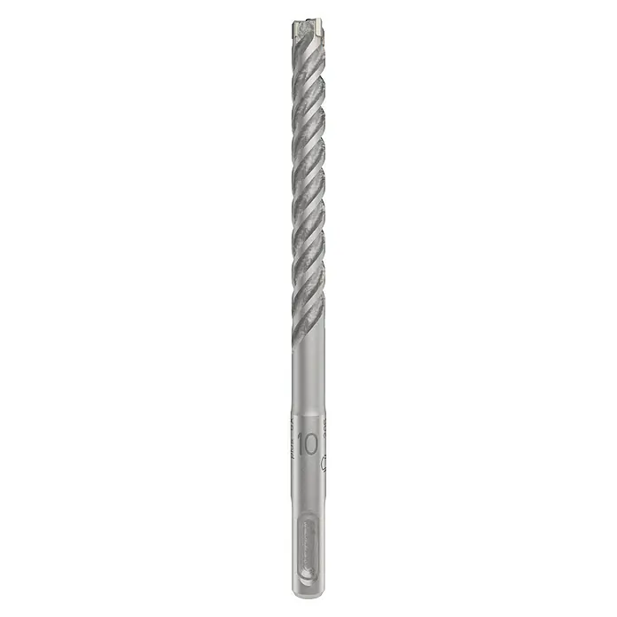 Bosch Beton- & Steinbohrer PRO SDS plus-5X - 1 Stk., Durchmesser Bohrer: 10 mm, Arbeitslänge: 100 mm - Nahaufnahme eines 10-mm-Schaftfräsers mit spiralförmigen Schneiden. Ideal für präzise Bearbeitung und Metallbearbeitung.