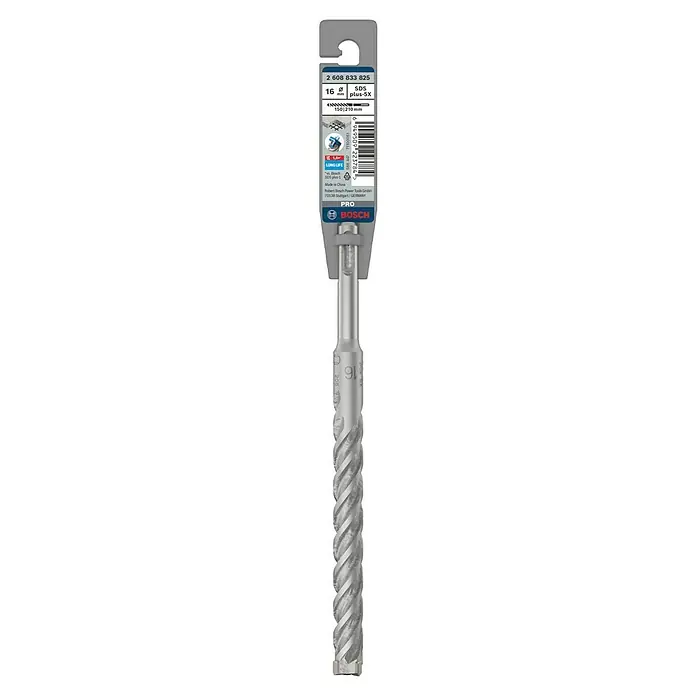 Bosch Beton- & Steinbohrer PRO SDS plus-5X - 1 Stk., Durchmesser Bohrer: 16 mm, Arbeitslänge: 150 mm - Nahaufnahme eines Bosch 16mm SDS plus-5X Bohrers in Verpackung, ideal zum Bohren in Beton und Mauerwerk.