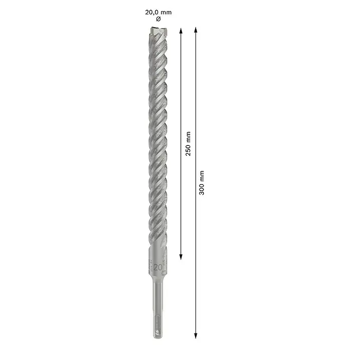 Bosch Beton- & Steinbohrer PRO SDS plus-5X - 1 Stk., Durchmesser Bohrer: 20 mm, Arbeitslänge: 250 mm - Nahaufnahme eines silbernen Spiralbohrers mit der Aufschrift "20 plus SX" und einer spiralförmigen Schneidefläche.
