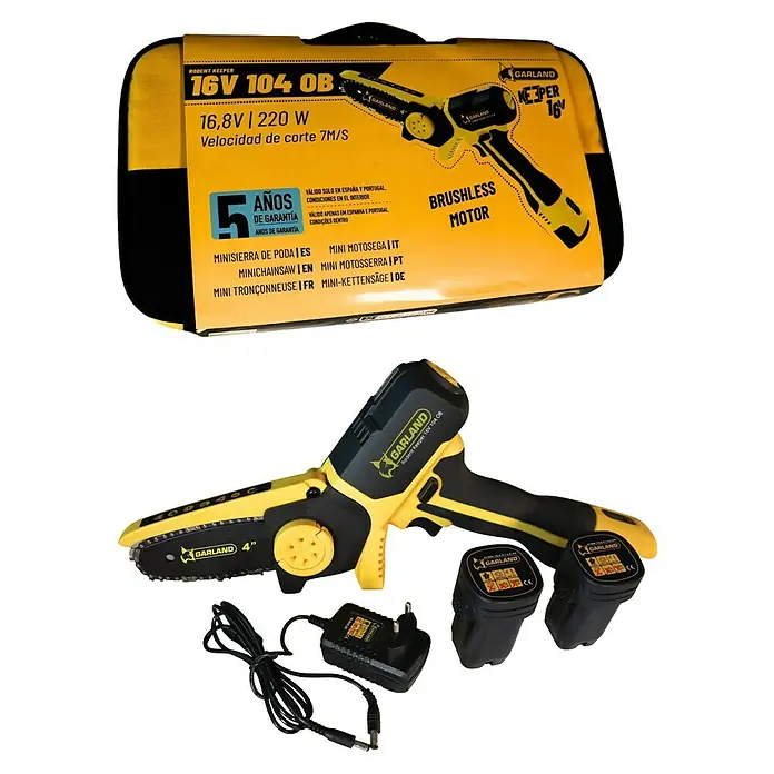Garland Motosierra de batería Rodent Keeper 104 OB-V25 - 16 V, 2,5 Ah, Iones de litio, 2 baterías, Longitud de la cuchilla: 10 cm - La imagen muestra una mini motosierra Garland Rodent Keeper 16V 104 OB amarilla y negra, con baterías, cargador y una bolsa de almacenamiento.