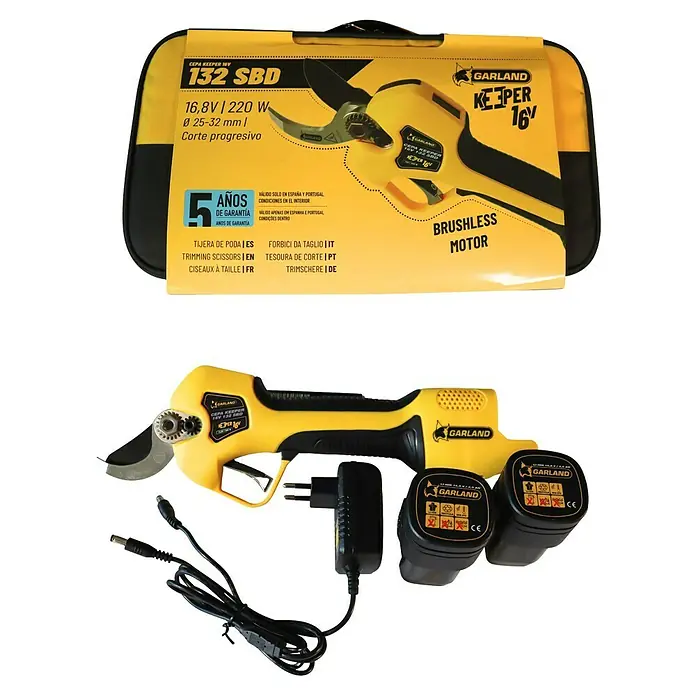 Garland Tijeras para podar de batería Cepa Keeper 132 SBD-V25 - 16,8 V, 2 baterías, Grosor de rama máx.: 32 mm - Tijeras de podar a batería CEPA KEEPER 132 SBD con motor sin escobillas, 16,8V/220W, corte Ø25-32mm, con baterías y cargador.