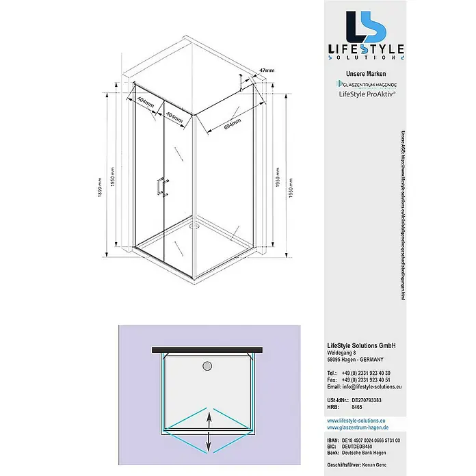 Glaszentrum Hagen Eckdusche 100x80x195 cm Atheme Duschkabine - 80 x 100 x 195 cm, Eloxiert