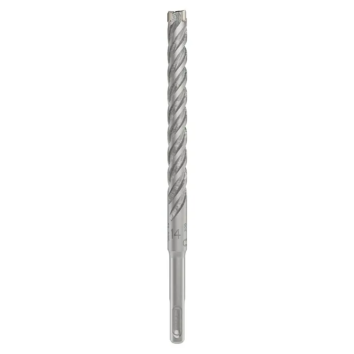 Bosch Beton- & Steinbohrer PRO SDS plus-5X - 1 Stk., Durchmesser Bohrer: 14 mm, Arbeitslänge: 150 mm - Das Bild zeigt einen Spiralbohrer aus Metall. Er hat spiralförmige Schneiden und ist für präzise Bohrungen konzipiert.