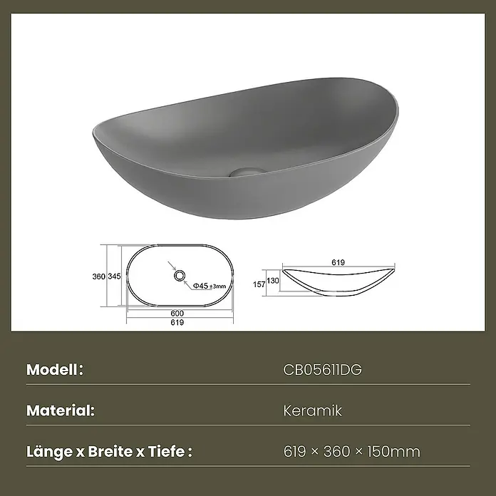 Emke Aufsatzwaschbecken Novix B - 36 x 61,5 cm, Hahnloch: Ohne, Ohne Überlauf, Grau
