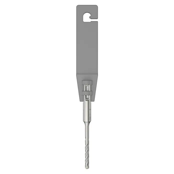 Bosch Beton- & Steinbohrer PRO SDS plus-5X - 1 Stk., Durchmesser Bohrer: 5 mm, Arbeitslänge: 50 mm - Nahaufnahme eines Steinbohrers in einer grauen Verpackung. Das Werkzeug ist spiralförmig und zum Bohren in harte Materialien geeignet.