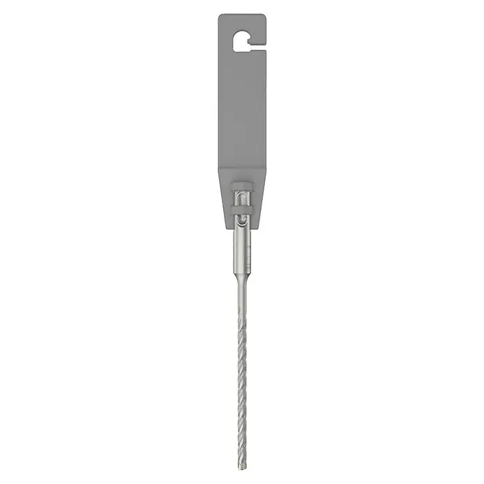 Bosch Beton- & Steinbohrer PRO SDS plus-5X - 1 Stk., Durchmesser Bohrer: 5 mm, Arbeitslänge: 100 mm - Nahaufnahme eines SDS-Plus Bohrers mit einer grauen Halterung, der für effiziente Bohrarbeiten in verschiedenen Materialien konzipiert wurde.