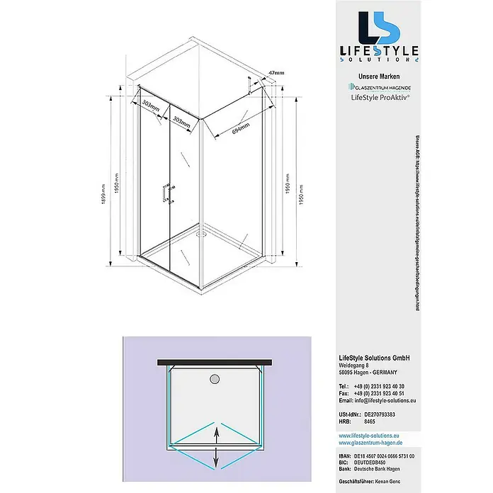 Glaszentrum Hagen Eckdusche 80x80x195 cm Athene Duschkabine - 80 x 80 x 195 cm, Eloxiert