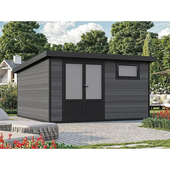 Fjordholz Gartenhaus Style DeLuxe 13,70 m² - Außenmaß inkl. Dachüberstand (B x T): 408 x 405 cm, Aluminium, Anthrazit/grau