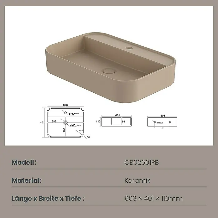 Emke Aufsatzwaschbecken Klyro - 40 x 60 cm, Hahnloch: Mitte, Ohne Überlauf, Beige