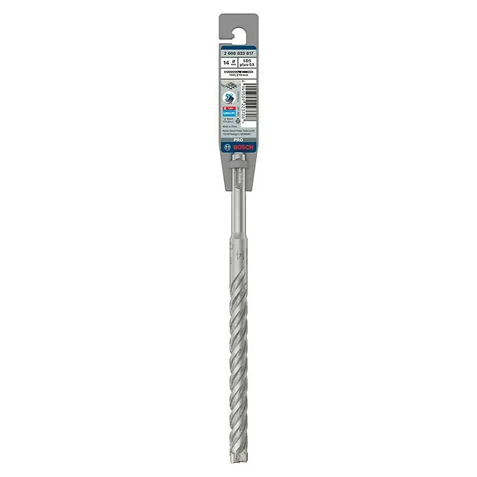 Bosch Beton- & Steinbohrer PRO SDS plus-5X - 1 Stk., Durchmesser Bohrer: 14 mm, Arbeitslänge: 150 mm - Bild einer Bosch 2608833817 SDS plus-5X Bohrmaschine, 14 mm Durchmesser, mit spiralförmigem Design.