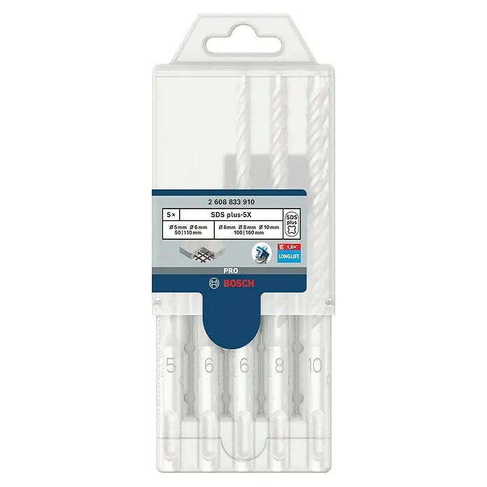 Bosch Set de brocas 5X - 5 pzs. - La imagen muestra un juego de brocas para mampostería Bosch SDS plus-5X de varios tamaños (5-10 mm) en un embalaje de plástico transparente.