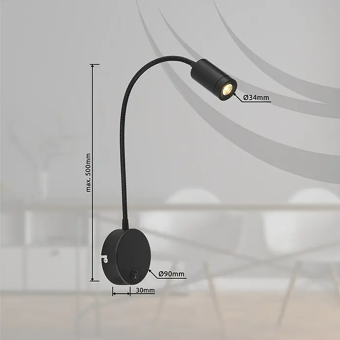Globo LED-Wandleuchte Milly - 3 W, Schwarz, Warmweiß, B x H: 9 x 50 cm - Abbildung einer schwarzen Leselampe mit flexiblen Arm, mit den Maßangaben der Lampe.