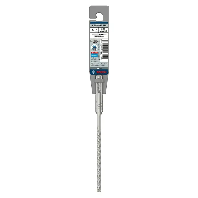 Bosch Beton- & Steinbohrer PRO SDS plus-5X - 1 Stk., Durchmesser Bohrer: 6 mm, Arbeitslänge: 100 mm - Nahaufnahme eines Bosch SDS plus-5X Bohrers in der Größe 6 x 100/160 mm, ideal für professionelle Bohrarbeiten.