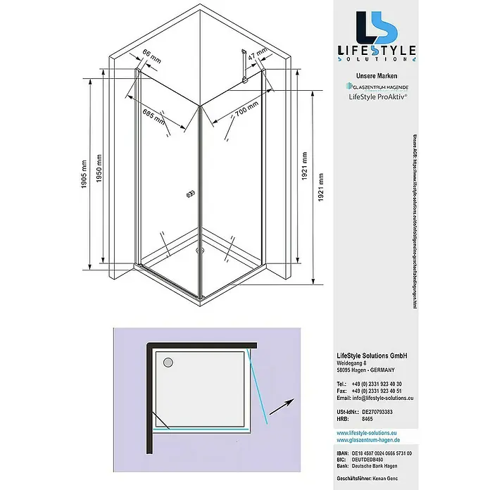 Glaszentrum Hagen Eckdusche 80x80x195cm Hades Duschkabine - 80 x 80 x 195 cm, Imprägniert, Farblos, Stärke: 8 mm