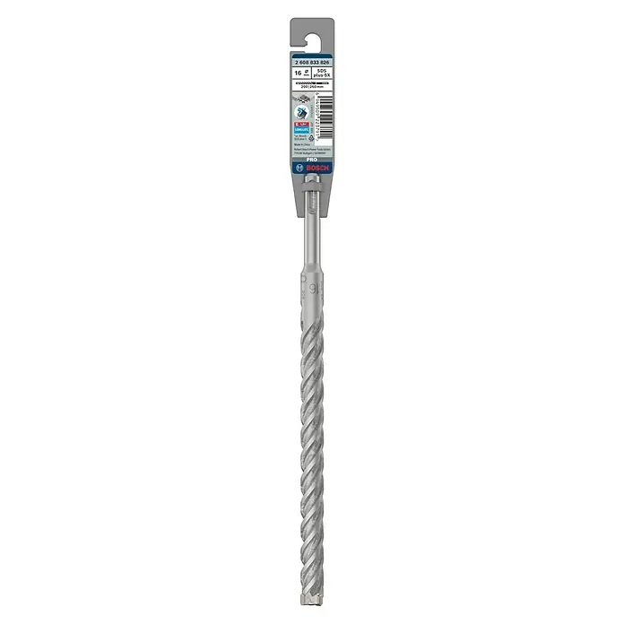Bosch Beton- & Steinbohrer PRO SDS plus-5X - 1 Stk., Durchmesser Bohrer: 16 mm, Arbeitslänge: 200 mm - Nahaufnahme eines Bosch SDS plus-5X Hammerbohrers mit 16 mm Durchmesser, ideal für präzise Bohrarbeiten in Mauerwerk und Beton.