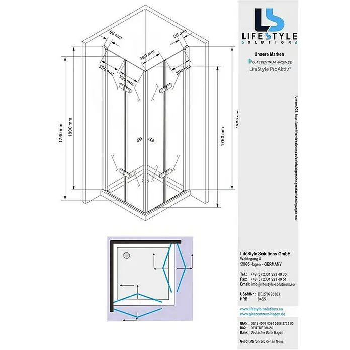 Glaszentrum Hagen Eckdusche 90x90x180 cm Hera Eck Duschkabine - Eloxiert, Transparent