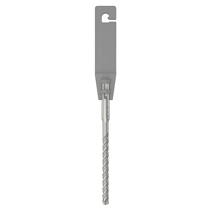 Bosch Beton- & Steinbohrer PRO SDS plus-5X - Durchmesser Bohrer: 8 mm, Arbeitslänge: 100 mm, 1 Stk. - Nahaufnahme eines Metallbohrers mit spiralförmigen Rillen, der an einer grauen Halterung befestigt ist, ideal für präzise Bohrarbeiten.