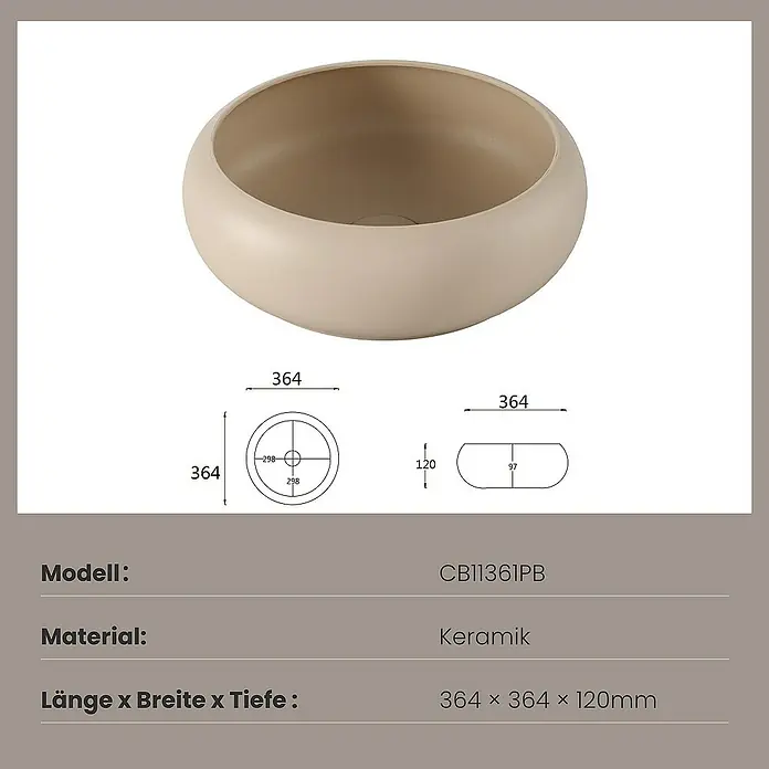Emke Aufsatzwaschbecken CB11 - 36 x 36 cm, Hahnloch: Ohne, Ohne Überlauf, Beige