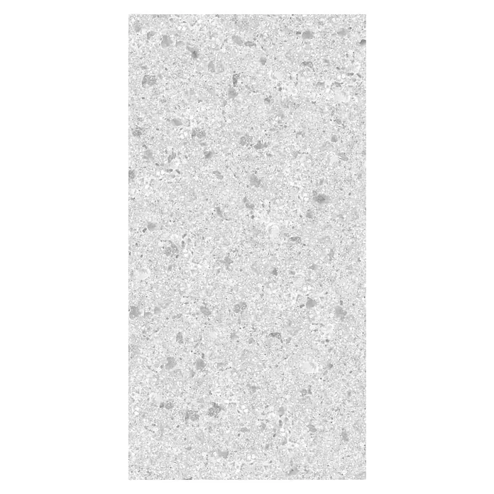 Wetwall Wandpaneel Elite - 16 x 242 cm, Terrazzo White, Abgerundete Kante - Nahaufnahme einer grauen Terrazzo-Arbeitsplatte, die eine robuste und stilvolle Textur für moderne Küchendesigns bietet.