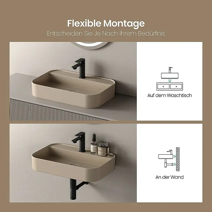 Emke Aufsatzwaschbecken Klyro - 40 x 50 cm, Hahnloch: Mitte, Ohne Überlauf, Beige