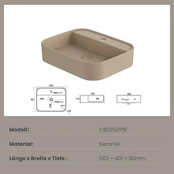 Emke Aufsatzwaschbecken Klyro - 40 x 50 cm, Hahnloch: Mitte, Ohne Überlauf, Beige