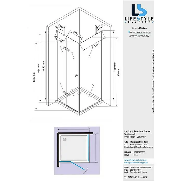 Glaszentrum Hagen Eckdusche 80x80x195 cm Hestia EckDuschkabine - 80 x 80 x 195 cm, Imprägniert, Farblos, Stärke: 8 mm