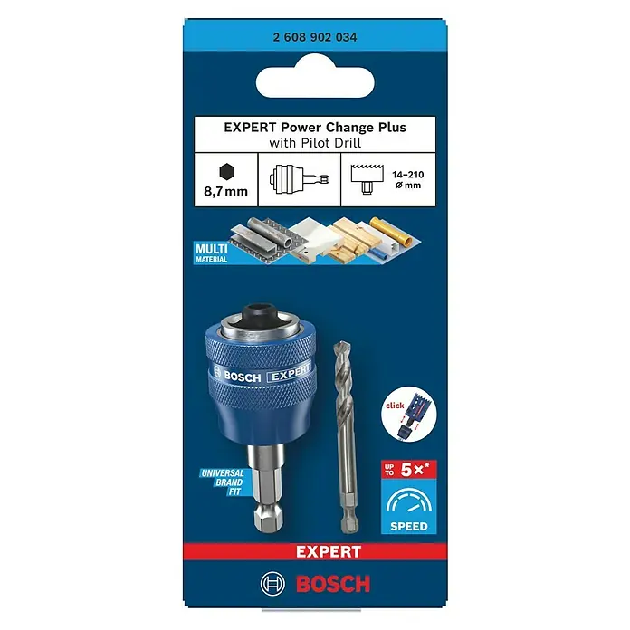 Bosch Expert Vástago de alojamiento Power Change Plus - Hexágono 8,7 mm - Imagen de la sierra perforadora Bosch EXPERT Power Change Plus con broca piloto. Este juego es adecuado para diversos materiales.