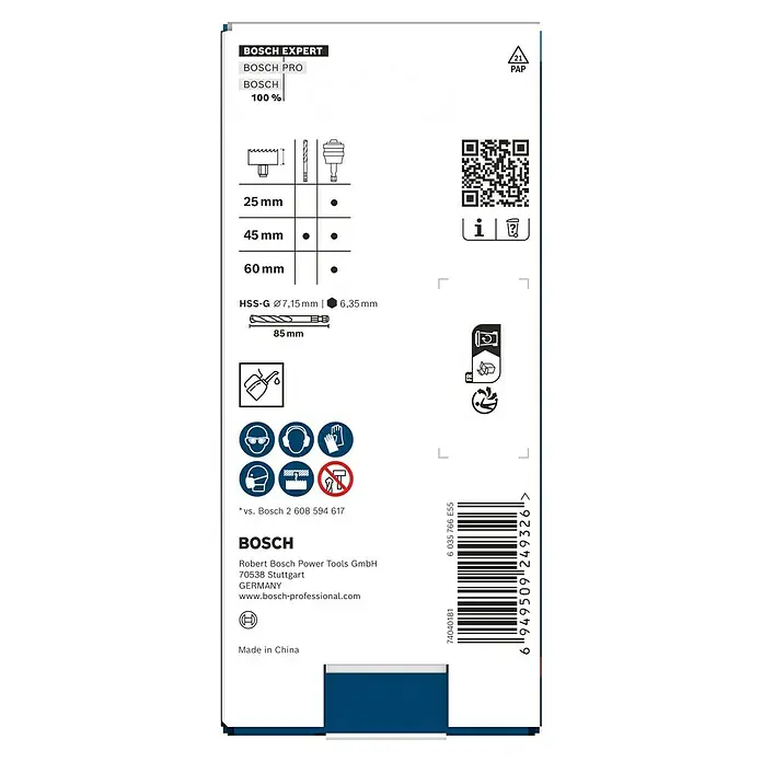 Bosch Expert Vástago de alojamiento Power Change Plus - Hexágono 8,7 mm - Imagen del inserto del paquete de brocas Bosch Expert que muestra tamaños, marcas e información de la empresa.