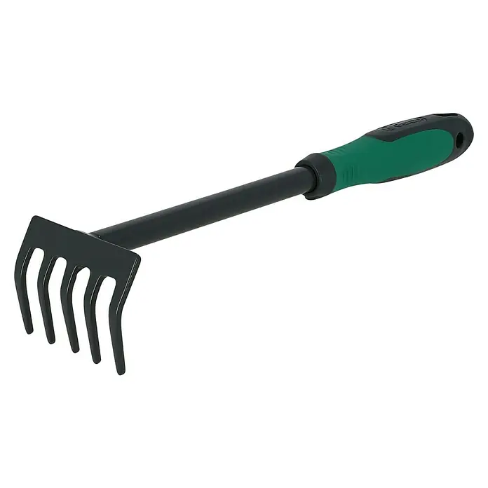 Gardol Hand-Kleinrechen - Arbeitsbreite: 85 mm, Anzahl Zinken: 5, Kurzstiel - Gartenrechen mit grünem Griff. Zum Auflockern und Glätten des Bodens, zum Entfernen von Steinen, Ästen und anderen groben Materialien.