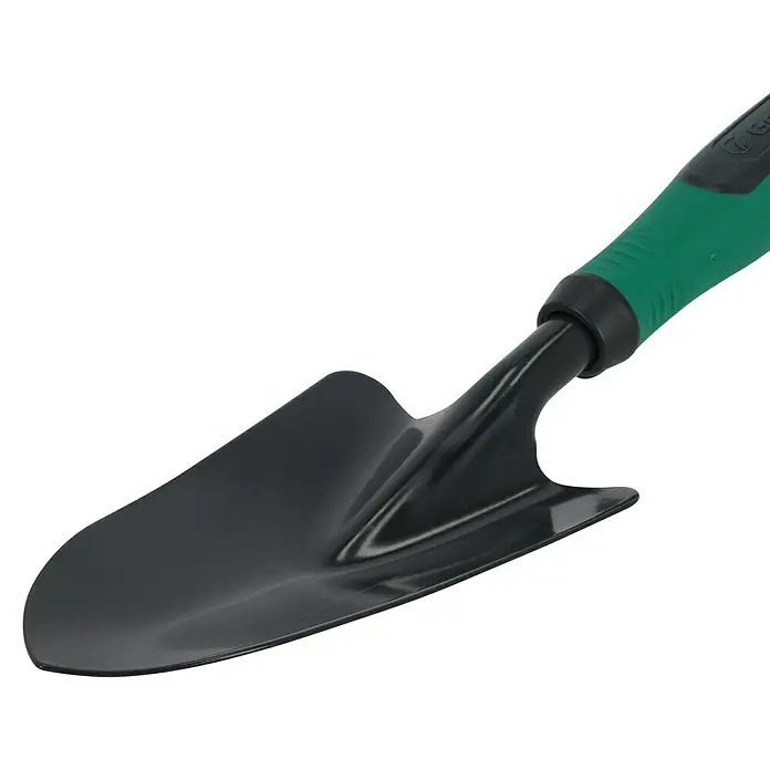 Gardol Hand-Blumenkelle - 10 cm, Stahl, Kurzstiel - Nahaufnahme einer robusten, schwarzen Pflanzkelle mit ergonomischem, grünem Griff, ideal für Gartenarbeiten.