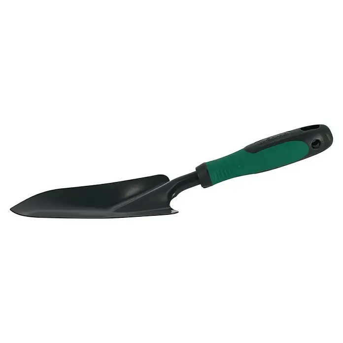 Gardol Hand-Blumenkelle - 10 cm, Stahl, Kurzstiel - Eine Gartenkelle mit einem grünen Griff und einer schwarzen Schaufel. Das Werkzeug ist ideal für Gartenarbeiten und zum Umtopfen von Pflanzen.