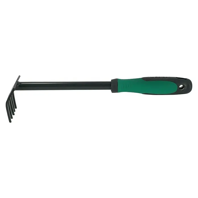 Gardol Hand-Kleinrechen - Arbeitsbreite: 85 mm, Anzahl Zinken: 5, Kurzstiel - Nahaufnahme einer Gartenkralle mit grün-schwarzem Griff, die für die Bodenbearbeitung und Unkrautentfernung konzipiert ist. Ideal für jeden Gärtner.