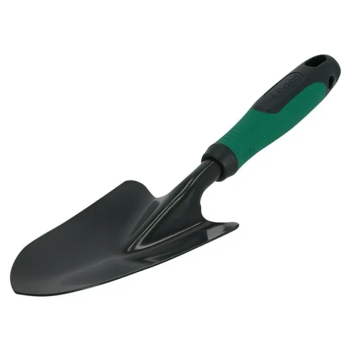 Gardol Hand-Blumenkelle - 10 cm, Stahl, Kurzstiel - Nahaufnahme eines schwarzen Gardol-Pflanzspatens mit grünem Griff. Praktisches Gartenwerkzeug für Pflanzarbeiten und Umtopfen.