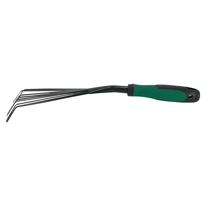 Gardol Hand-Kleinfeger - Arbeitsbreite: 12,5 cm, Anzahl Zinken: 9, Kurzstiel - Nahaufnahme eines Gardena Fächerbesens mit grünem Griff, ideal zum Reinigen von Beeten und Rasenflächen. Das Gartenwerkzeug ist robust und langlebig.