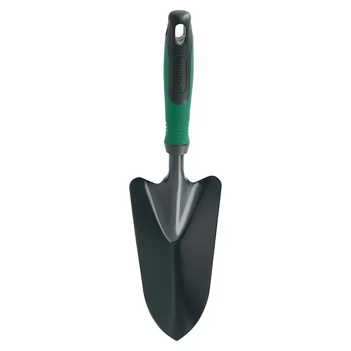 Gardol Hand-Blumenkelle - 10 cm, Stahl, Kurzstiel - Nahaufnahme eines Gardena-Handspatens, ideal für Gartenarbeiten, mit grünem Griff und robuster schwarzer Schaufel.