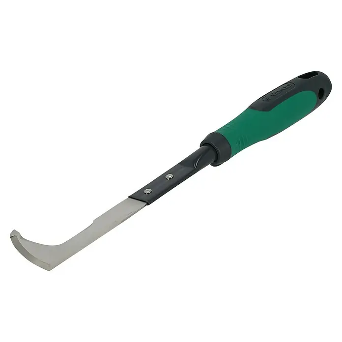 Gardol Hand-Fugenkratzer - 33 cm, Stahl, Kurzstiel - Nahaufnahme eines Unkrautstechers mit grünem Griff und gebogener Metallklinge vor einem schwarzen Hintergrund.