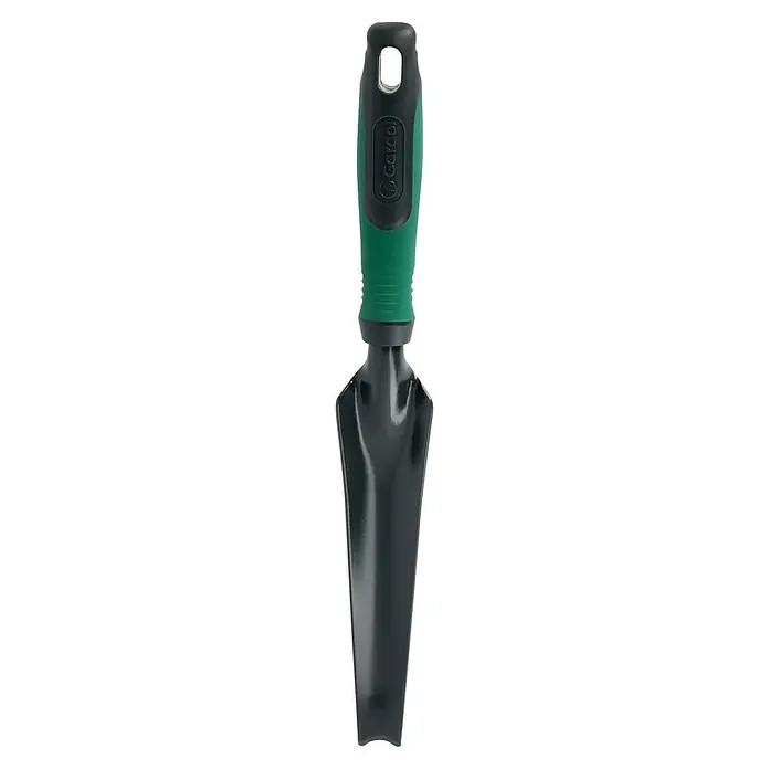 Gardol Hand-Unkrautstecher - Arbeitsbreite: 30 mm, Kurzstiel - Gartengerät: Eine Gardoli Pflanzkelle mit grün-schwarzem Griff und einer breiten, grauen Klinge für Gartenarbeiten.