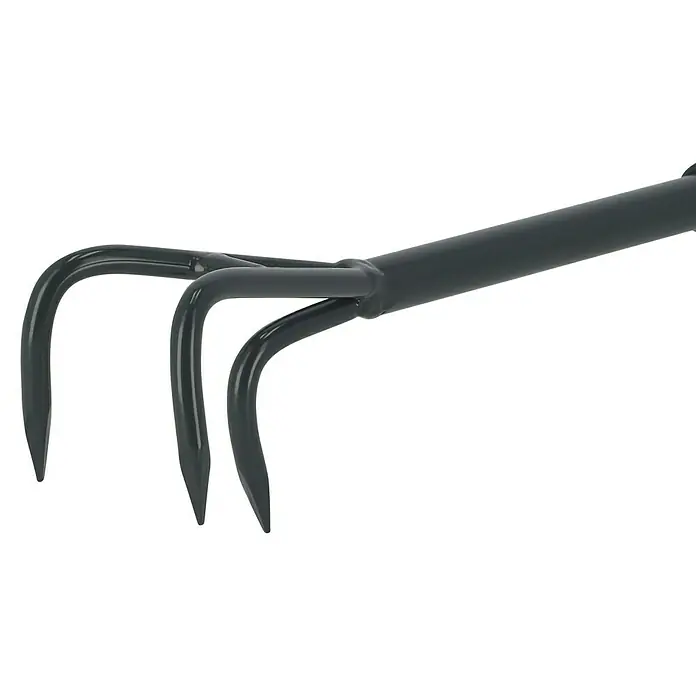 Gardol Hand-Kleingrubber - Arbeitsbreite: 8 cm, Anzahl Zinken: 3, Kurzstiel - Nahaufnahme einer dreizinkigen Gabel in Grau, die Stabilität und Funktionalität für Gartenarbeiten verspricht.