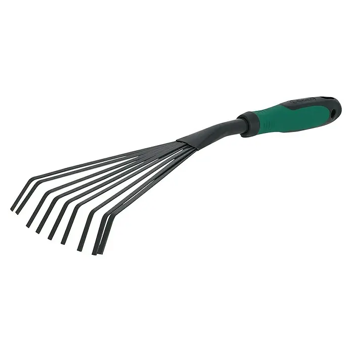 Gardol Hand-Kleinfeger - Arbeitsbreite: 12,5 cm, Anzahl Zinken: 9, Kurzstiel - Nahaufnahme eines Fächerbesens mit schwarzem Kopf und grünem Griff, der ein nützliches Werkzeug für die Gartenarbeit darstellt.