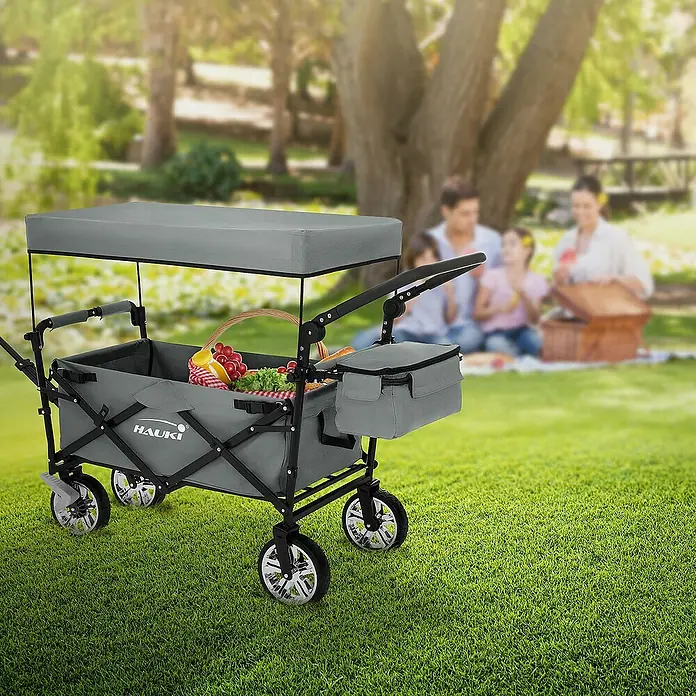 Hauki Bollerwagen Handwagen Transportwagen faltbar klappbar mit Bremse Dach und Tasche - L x B x H: 196 x 56 x 99 cm
