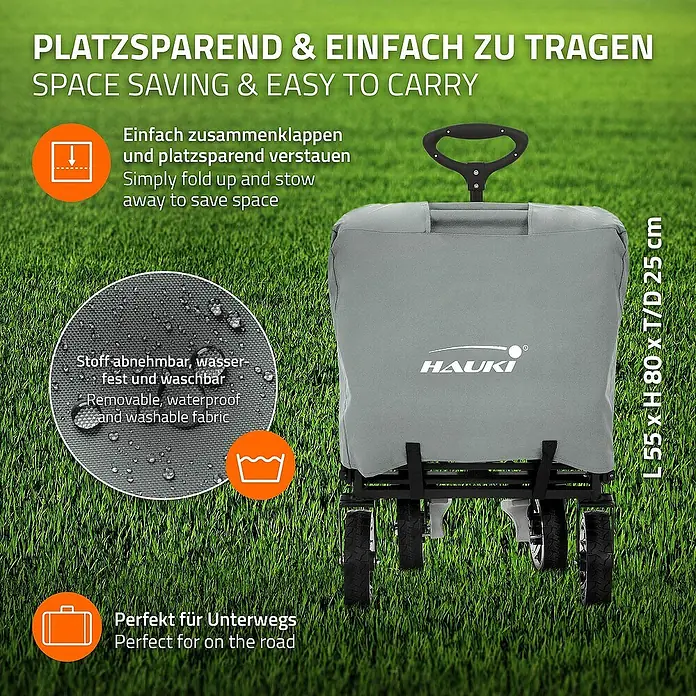 Hauki Bollerwagen Handwagen Transportwagen faltbar klappbar mit Bremse Dach und Tasche - L x B x H: 196 x 56 x 99 cm