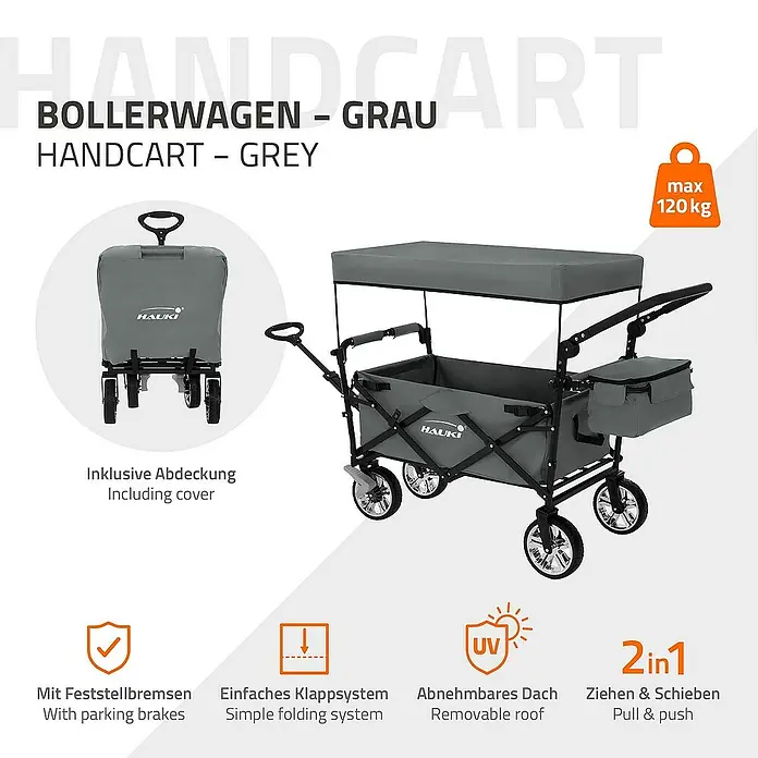 Hauki Bollerwagen Handwagen Transportwagen faltbar klappbar mit Bremse Dach und Tasche - L x B x H: 196 x 56 x 99 cm