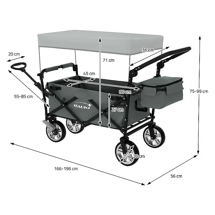 Hauki Bollerwagen Handwagen Transportwagen faltbar klappbar mit Bremse Dach und Tasche - L x B x H: 196 x 56 x 99 cm