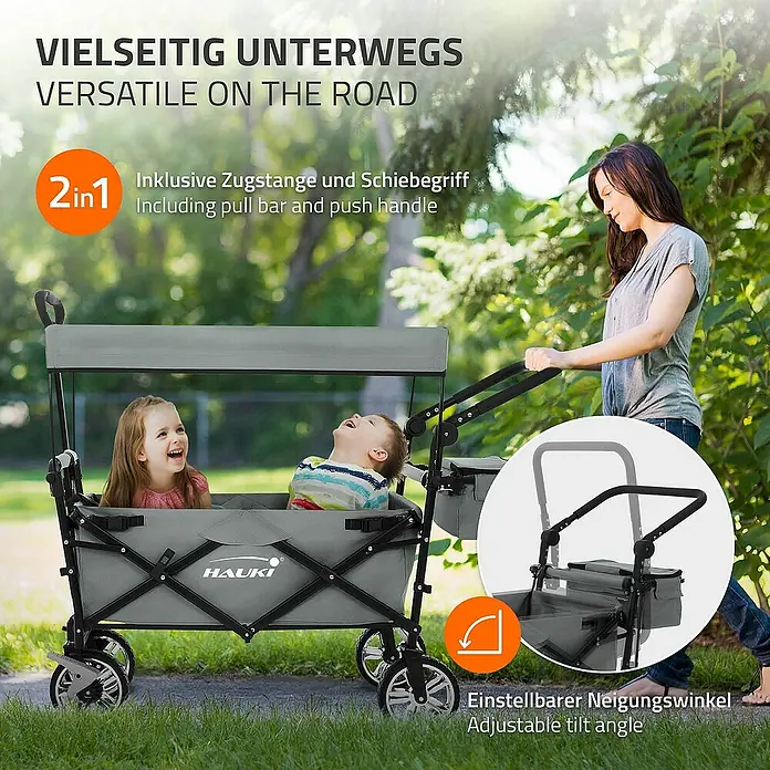 Hauki Bollerwagen Handwagen Transportwagen faltbar klappbar mit Bremse Dach und Tasche - L x B x H: 196 x 56 x 99 cm