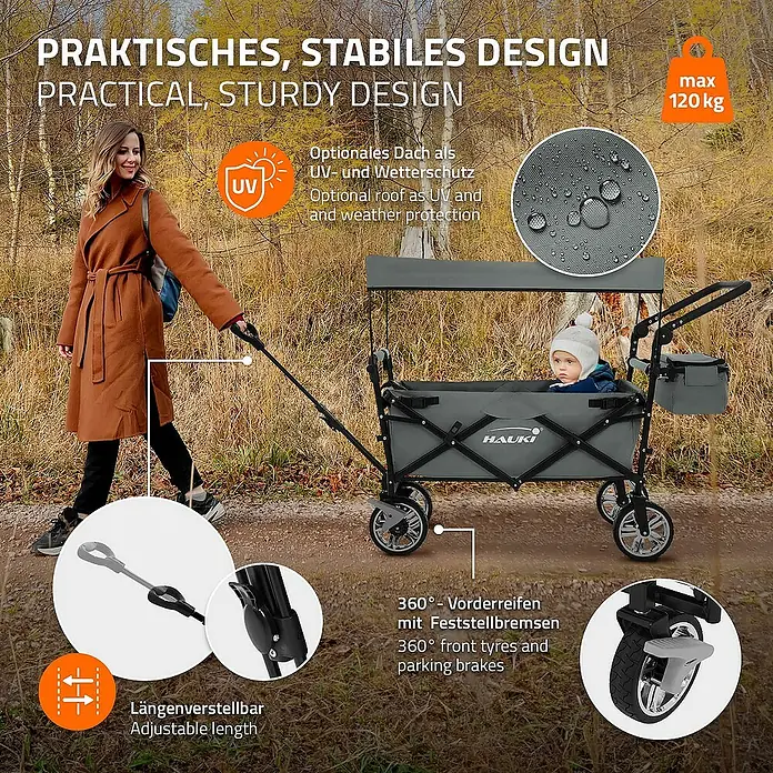 Hauki Bollerwagen Handwagen Transportwagen faltbar klappbar mit Bremse Dach und Tasche - L x B x H: 196 x 56 x 99 cm