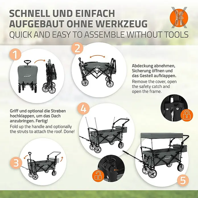 Hauki Bollerwagen Handwagen Transportwagen faltbar klappbar mit Bremse Dach und Tasche - L x B x H: 196 x 56 x 99 cm