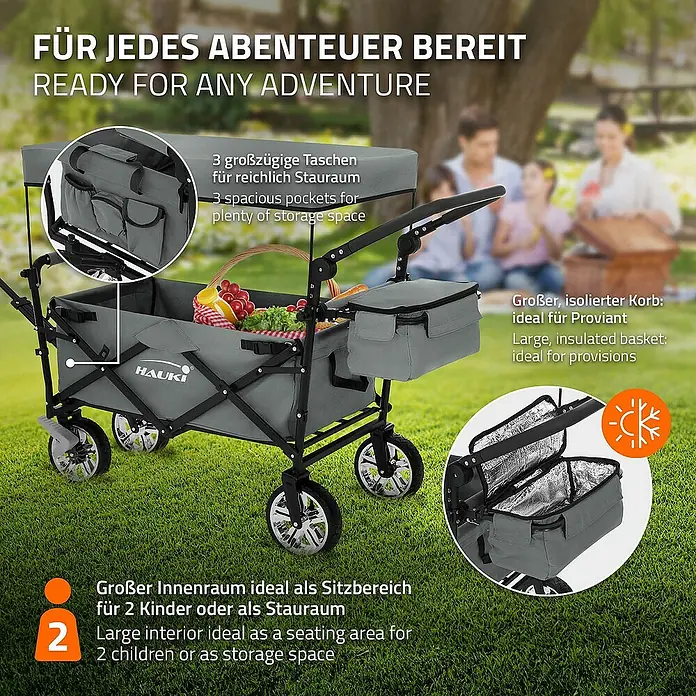 Hauki Bollerwagen Handwagen Transportwagen faltbar klappbar mit Bremse Dach und Tasche - L x B x H: 196 x 56 x 99 cm