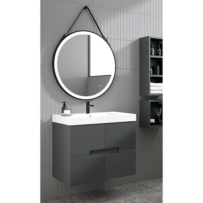 Duplach Mueble bajo de lavabo Kamet - L x An x Al: 45 x 60 x 60 cm, Antracita - Imagen de un baño moderno con un tocador con mueble gris y un espejo redondo con iluminación LED.